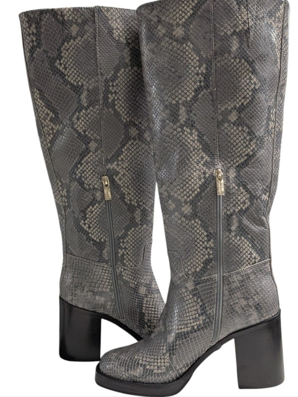 Vince Camuto Gibi Knee High Snake Print Leather Block Heel Gray Black 8.5 WC